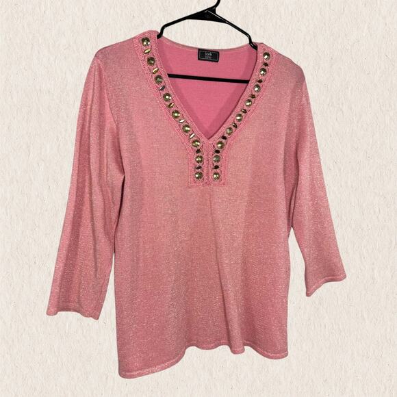 Lark Lane Pink Shimmer Knit Embellished Top Size M – Beaded Fairy Boho Y2K Glam - Picture 3 of 10